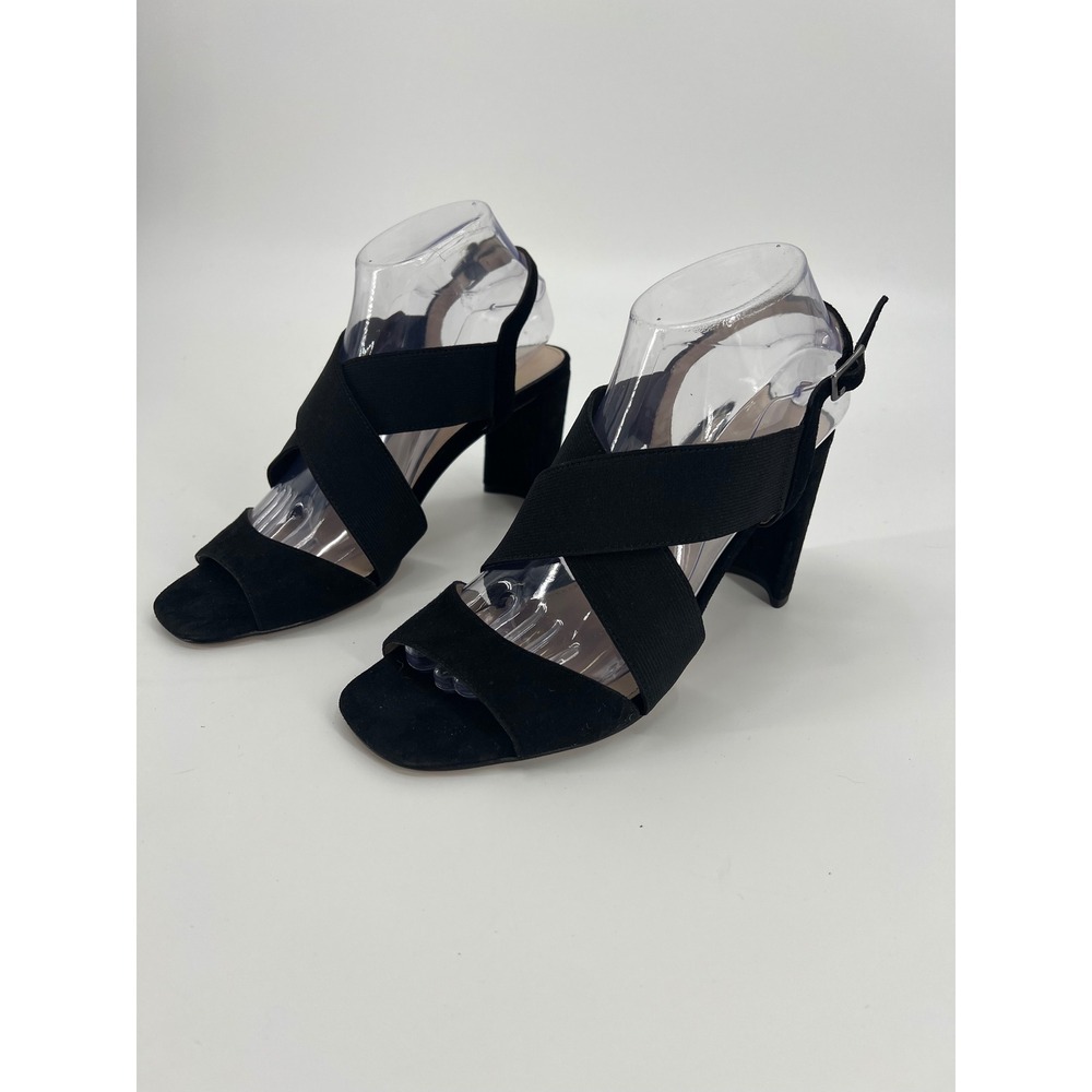 Pelle Moda Black Suede Crisscross Elastic Block Heel Sandals Womens 8.5M